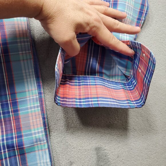 Orvis Button Down Dress Plaid Shirt Wrinkle Free Salmon Dark Blue White Men Sz M - Picture 7 of 10